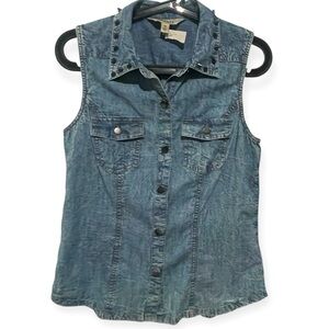 Decree Women's Denim Sleeveless studded Collared‎ Button up Top